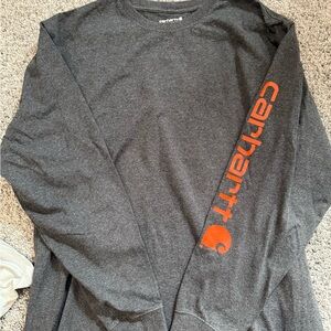 Carhartt Men's Long Sleeve Tee in Dark Gray with Orange Sleeve Logo